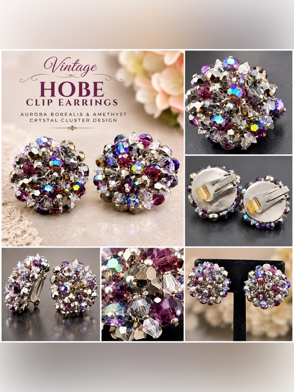 Signed Hobe Vintage Aurora Borealis & Amethyst Crystal Cluster Clip Earrings